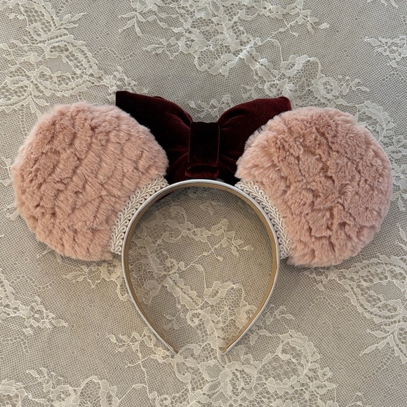 Dainty Coquette Plush Blush Pink Minnie Ears Headband with Burgundy Velvet Bow - Picture 2 of 3